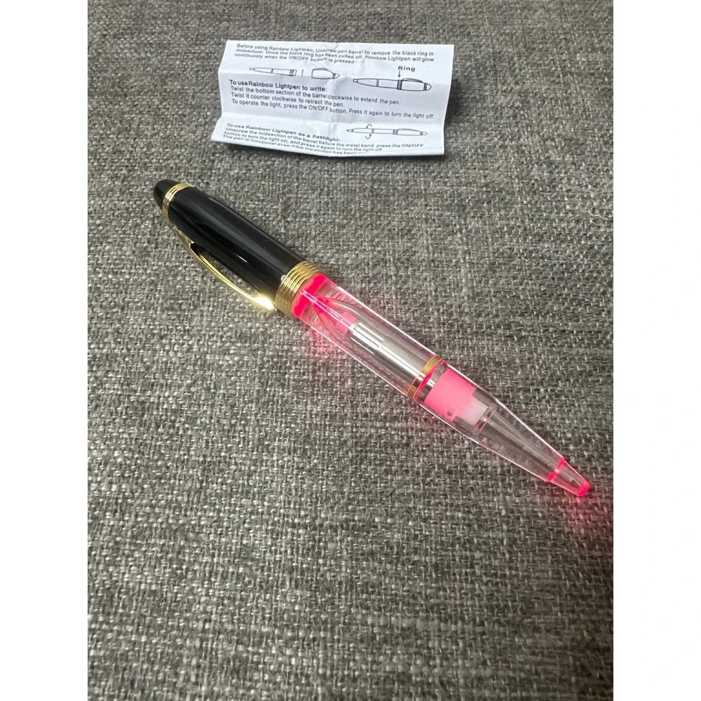 Light Up Pen Black Gold Tone Case Red LED Light Ballpoint Pen Flashlight